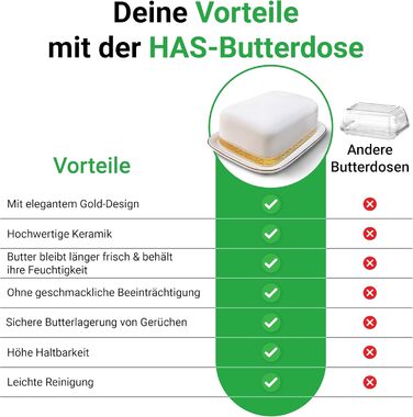 HAS Butterdose Ceramic, white for 250g butter, butter dish and butter bell with a very high-quality gold-rimmed design - butter box and butter crock, butter container for storage, dishwasher safe