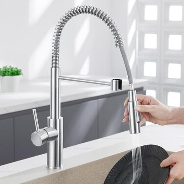 Змішувач кухонний CECIPA з витяжною насадкою, висувний, з двома режимами струменя, поворотний на 360°, одноlever, нержавіюча сталь, срібло