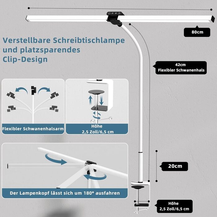 LED лампа для столу Doppelkopf з диммуванням, 24W, 80см, кріпленням, для офісу та дому, з пультом, білий світлодіодний світильник для робочого столу