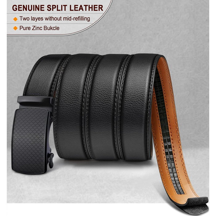 Чоловічий шкіряний ремінь BULLIANT з автоматичною застібкою-ратом, ширина 35 мм, регульований розмір, чорний, 130 см (38-44)