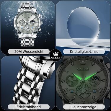 Годинник чоловічий OLEVS Chronograph, водонепроникний, кварцовий, аналоговий, з нержавіючої сталі, великий циферблат, сірий циферблат, срібний браслет