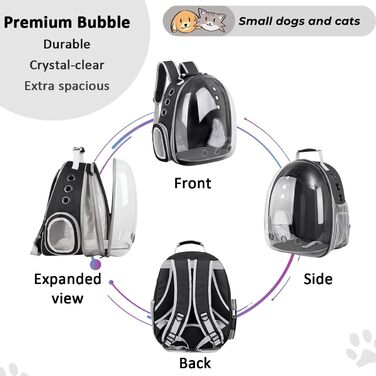 Розширюваний рюкзак для кота та маленької собаки, рюкзак-переноска з прозорим вікном та блискавкою, для подорожей та походів (розширюється ззаду), чорний колір