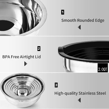 Wildone Mixing Bowl Set, 7-Piece Stainless Steel Bowl Set with Airtight Lids, Stackable, Dishwasher Safe, Sizes 5, 3.5, 2.5, 2, 1.5, 1, 0.67 QT, ideal for mixing and serving