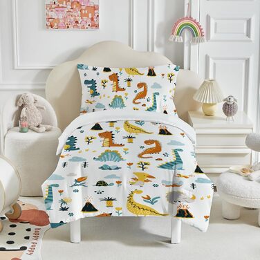 Комплект постільної білизни для ліжечка DJDEA для хлопчиків з динозаврами, 100x135 см, мікрофібра, 2 шт. (простирадло 100x135 см + наволочка 40x60 см)