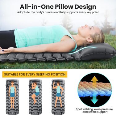 Isomatte Camping Self-Inflating Sleeping Pad - 12cm Thick, Compact, Waterproof Air Mattress with Foot Pump & Pillow - Ripstop Anti-Tear Sleeping Mat for Hiking & Beach (Gray)