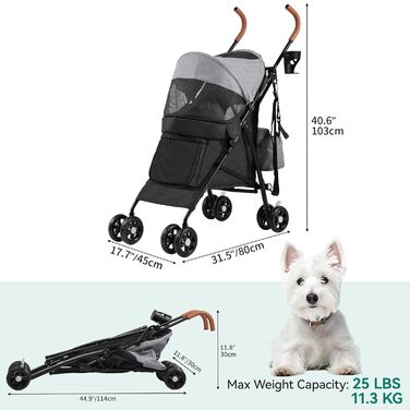 Візок для собак YITAHOME - переноска для тварин до 11,3 кг, з сіткою, тримачем для напоїв та кошиком, для собак та котів (сірий/чорний)