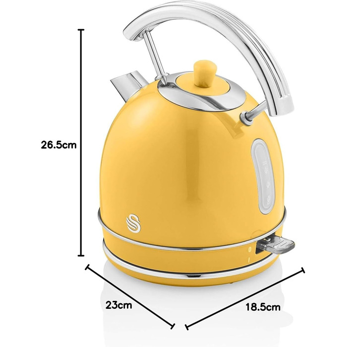 Електричний чайник Swan Retro SK14630YELN, 1.8 л, жовтий, з автовимкненням, бездротовий, з нержавіючої сталі, 3000 Вт