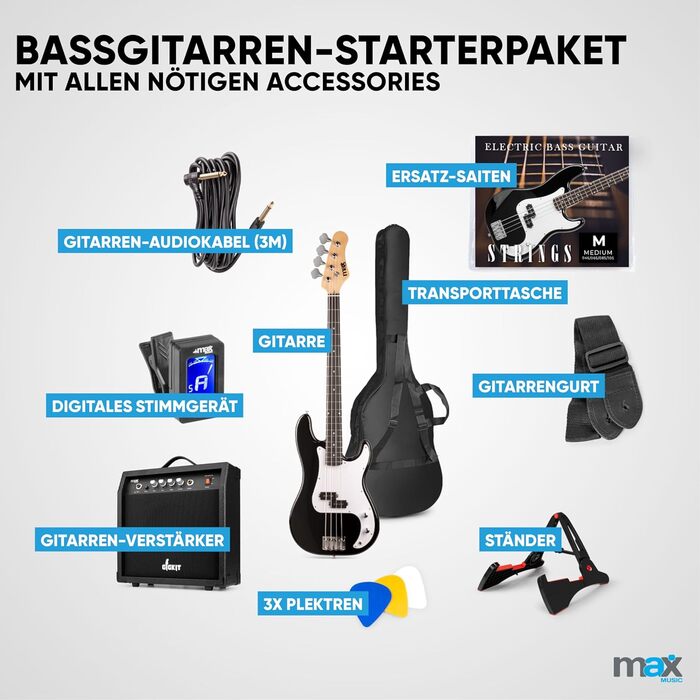 MAX GigKit Бас-гітара: Комплект для гри, підсилювач, аксесуари, 21 лад, чорний