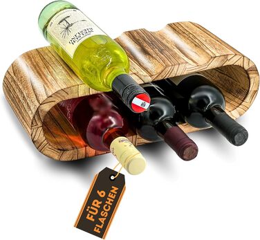 Rustic Wine Rack Wood Charred - Wooden Bottle Rack for 6 Bottles, 2 Tiers - Timeless Design, Gently Oiled - Narrow Wine Rack for Kitchen, Dining Room, Living Room