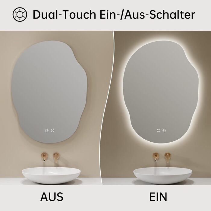 Дзеркало для ванної кімнати з підсвічуванням, арочне, без рами 50x75 см. Touch-панель, регулювання яскравості, 3 кольори світла, запобігання запотіванню