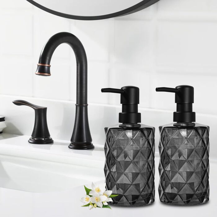 Диспенсер для мила Gmisun скляний 330 мл, 2 шт., чорний, з дозатором для кухні та ванної кімнати, візерунок ромби