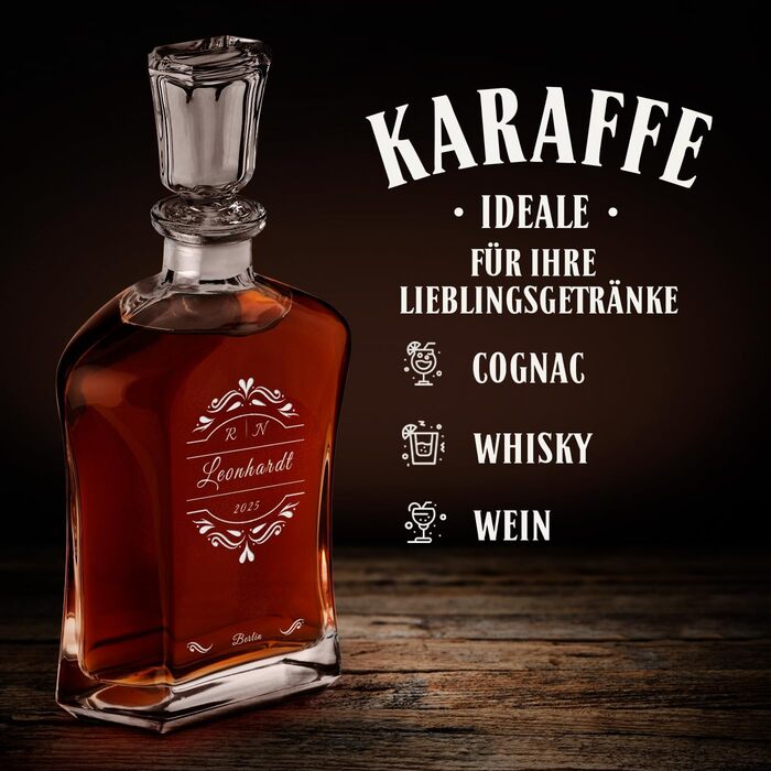 Maverton Whiskey Decanter + 2/4/6 Whiskey Glasses Set with Engraving - 700ml Whiskey Decanter - Christmas Gifts - Anniversary Gift for Couple - Monogram