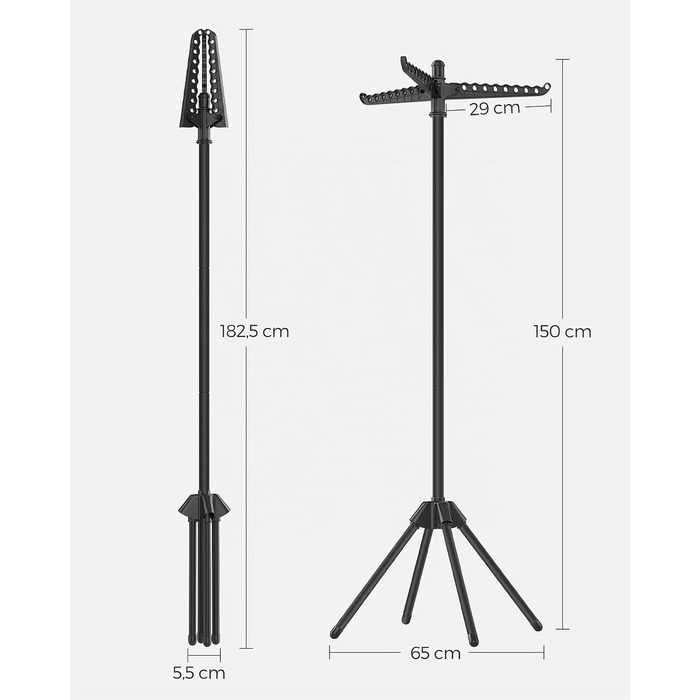 Сушарка для білизни SONGMICS BUNJI LLR510W01V1, складана стійка з нержавіючої сталі з 3 поворотними рукавами для маленьких приміщень та кемпінгу, чорна, 65x65x150 см