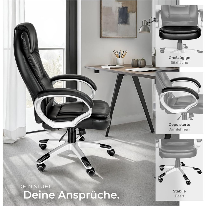 Офісне крісло tectake - ергономічний кухонний стілець з високою спинкою, регульована висота, поворотний, з механізмом гойдання, чорний (400578)