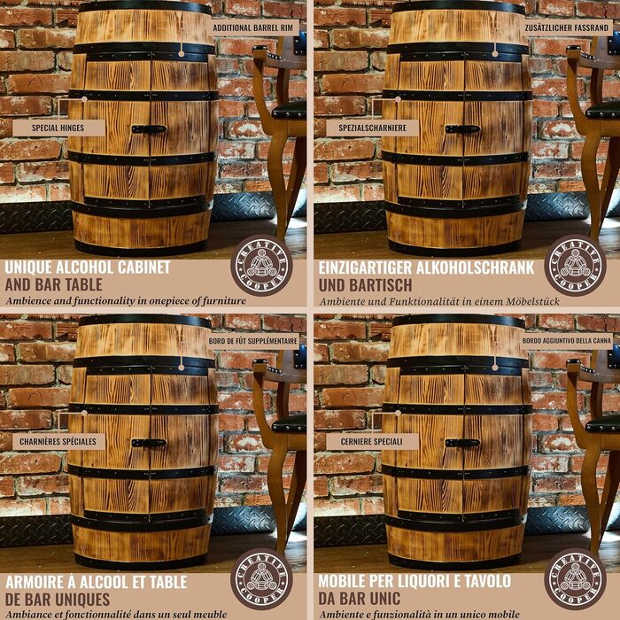 Wine Barrel Stand with Door - Liquor Cabinet Bottle Shelf Wooden Shelves - Wooden Barrel - Barrel Furniture - Wine Rack - Wineregal - Wine Bar - Barrel Bar with Door - Barrel Bar Minibar 80cm High (Sun-Bleached)