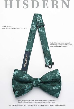 HISDERN Комплект краватка-метелик, кишеньковий хустинка та запонки з візерунком павлічків, з гачком, регульована, вже зав'язана, для вечірки, весілля, Різдва, Хелловіну, A1-Зелений