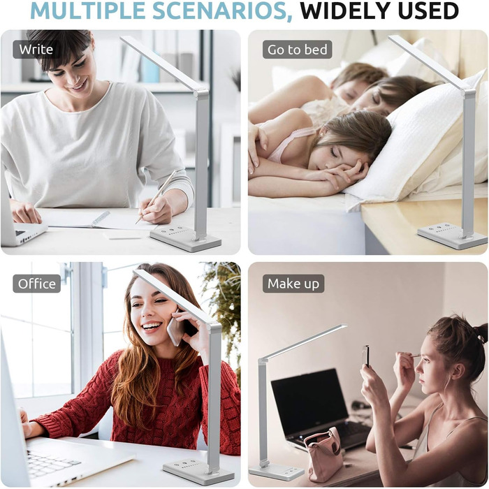 LED лампа настільна дитяча з регулюванням яскравості, 5 кольорів, 10 рівнів, захист очей, сенсорне керування, складана, з акумулятором 2500mAh, срібна