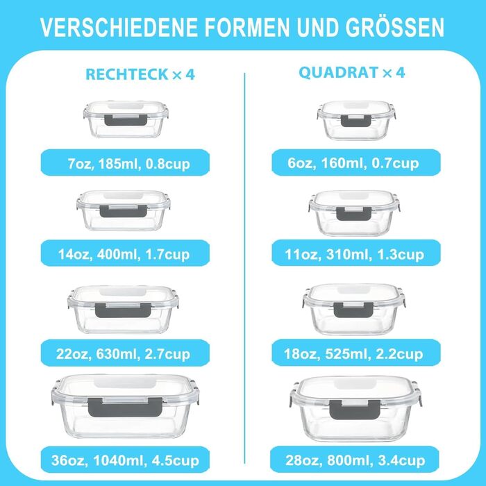 Набір скляних контейнерів для зберігання їжі Borosilikatglas 20 шт. (5x 1040 мл, 5x 370 мл) - для мікрохвильової печі, приготування їжі, духовки, витокостійкі