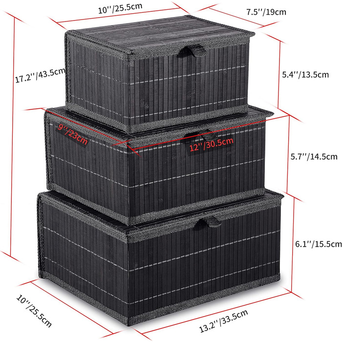 Honeycomb Storage Basket with Lid, Woven - Bamboo Decor Storage Boxes, Set of 3 Rattan Basket with Lid Woven Fabric Insert for Bathroom Kitchen Shelf Organization (Large/Medium/Small) (Black Box)