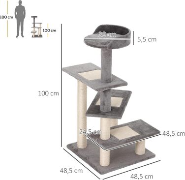 Кігтеточка PawHut для котів 100 см, багатоповерхова, з сизалевих стовпів, велика платформа, для маленьких котів, бежево-сіра