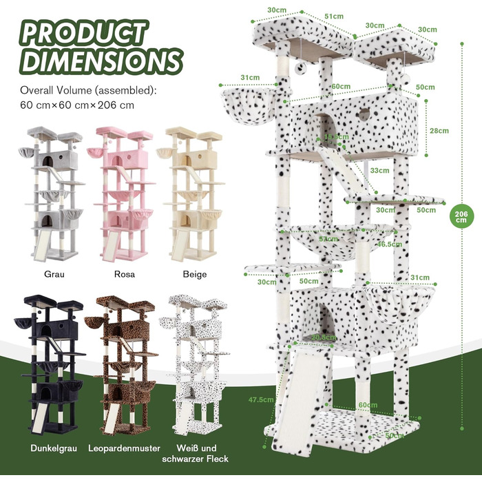 Котячий будиночок MUTICOR з когтеточкою, 206 см, багатоярусний, для великих котів, з лежаком-гамаком, широка база, колір: білий та чорний