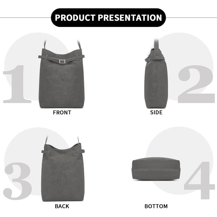 Сумка жіноча Miss Lulu велика шопер Tote Bag з м'якої PU шкіри середнього розміру, сіра (2-2)