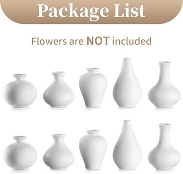 Set of 10 Small White Ceramic Vases - Mini Handmade Ceramic Flower Vases for Pampas Grass, Modern Home Decor for Living Room, Kitchen, Office & Table