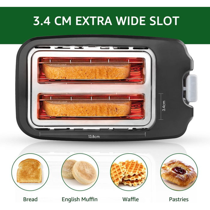 Тостер Aigostar 750W з 7 рівнями підсмажування, функціями розморожування та підігріву, 2 слоти для тостів, чорний