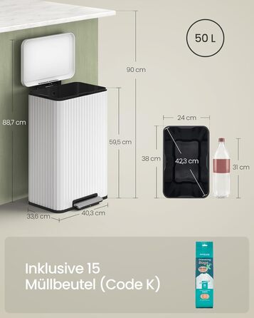 Відро для сміття SONGMICS з педаллю 50л, сталь, з кришкою Softclose, знімний внутрішній відро, білий (LTB586LZ02) + 15 пакетів для сміття