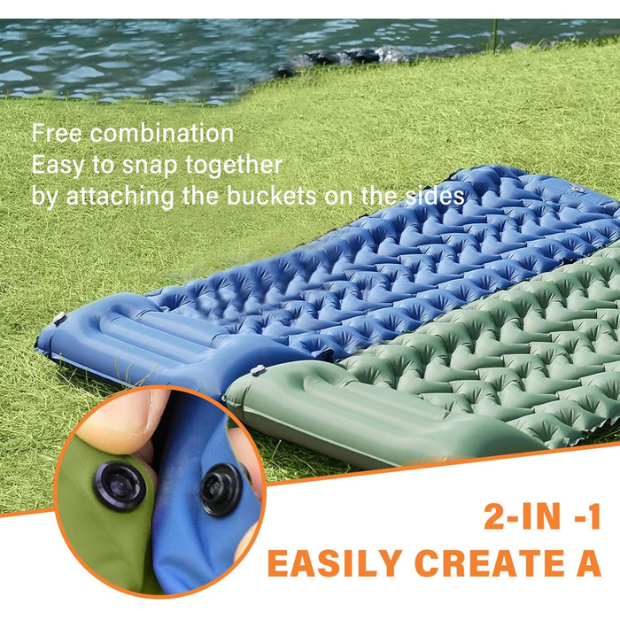 Каремат JINYOMFLY самонадувний туристичний, посилений, з насосом та подушкою, водонепроникний, ультралегкий для кемпінгу, піших прогулянок, відпочинку на природі (Блакитний)