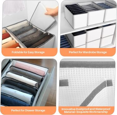 6-Piece Closet Organizer Clothes Storage - 7 Compartments Foldable Drawer Organization System Clothing Storage Boxes for Pants, Jeans, Shirts, Sweaters, Tops