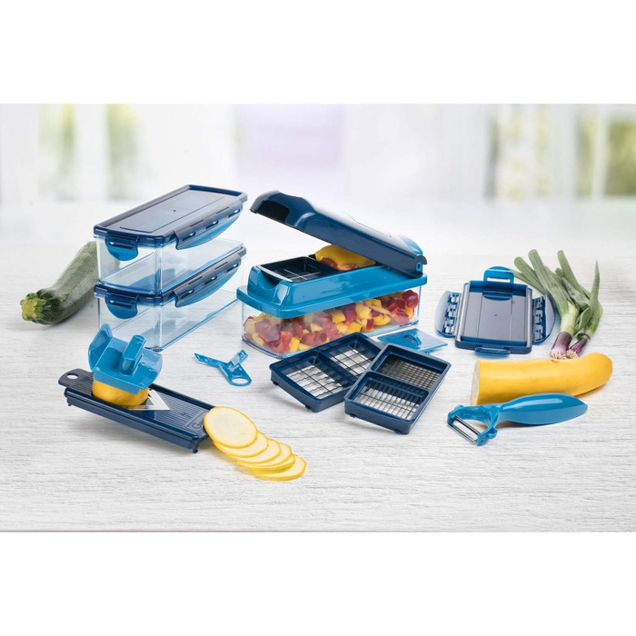 Набір для нарізки овочів Genius Nicer Dicer Smart (14 шт.) - набір для нарізки кубиками, соломкою, слайсами та чвертями з рецептами. Салатний слайсер, овочевий слайсер, гурковий слайсер (блакитний)