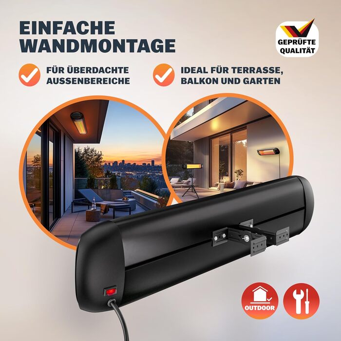 Інфрачервовий обігрівач MONZANA® MZH2501 з таймером, 2500W, 3 режими, 24 год, пульт ДУ, кут нахилу 90°, електричний, для тераси, чорний