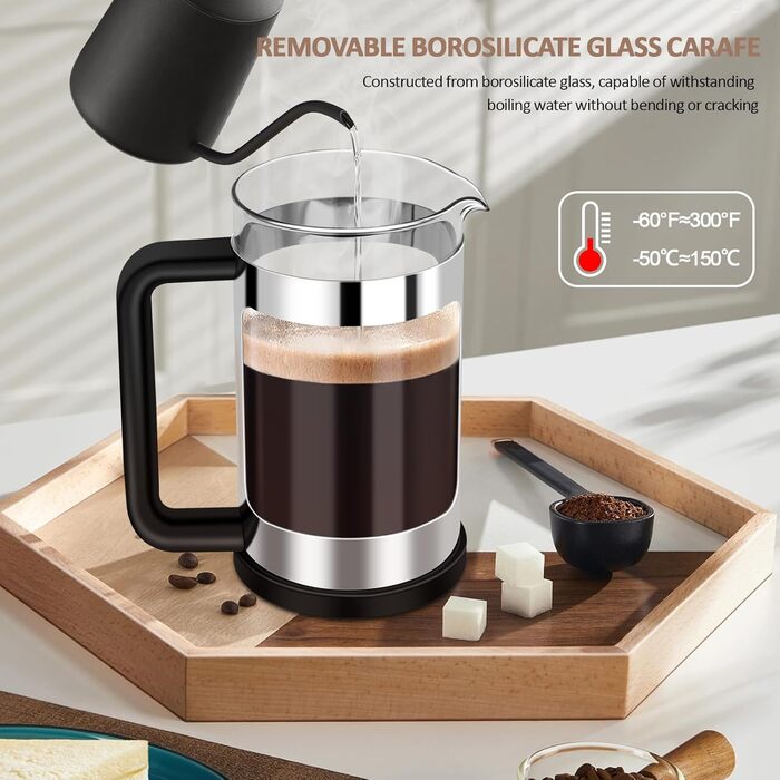 Френч-прес RAINBEAN 600мл: кавоварка з нержавіючої сталі, 3 фільтри, термостійке скло Borosilikat, для кави та чаю