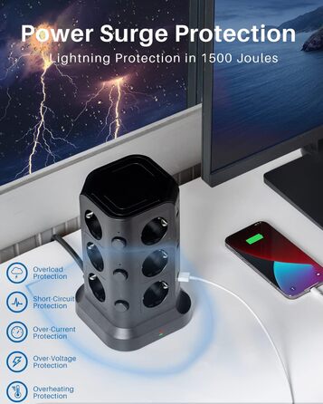 KOOSLA Тур Steckdosenturm 12 Fach з USB (6x) та захистом від перенапруги (4000W/16A) для офісу, кухні, столу, 5м, чорний