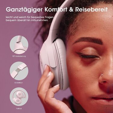 Бездротові навушники DOQAUS Bluetooth з тривалим часом роботи (70 год), Over-Ear, Bluetooth 5.4, Hi-Fi стерео, 3 режими EQ, для подорожей/телефону/ПК (Рожеві)