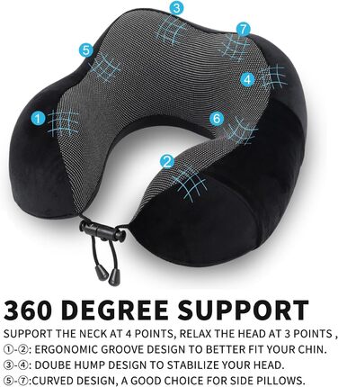 Подушка для шиї у літак – Memory Foam, Зручна подушка для подорожей, Авто, Поїзд, Автобус, Ергономічна, Дихаюча, З чохлом для зберігання