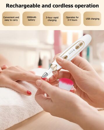 Набір для манікюру та педикюру з електричною насадкою для шліфування нігтів, 6 насадок, 20 шліфувальних кілець, 5 швидкостей, LED-підсвічуванням, білий