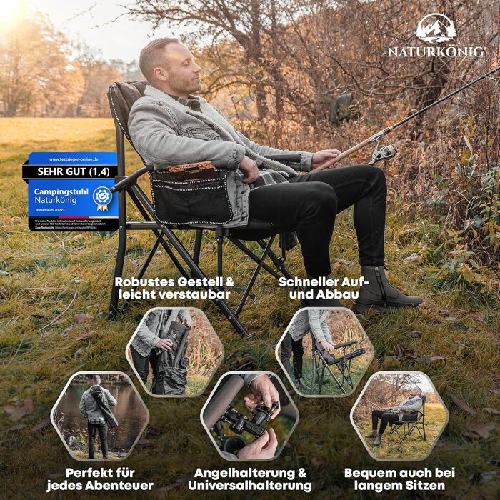 Крісло складане кемпінгове коричневе, до 160 кг, з подушкою, підсклянником та сумкою для перенесення - для риболовлі, пляжу, відпочинку