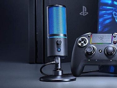 Razer Seiren X для PlayStation - USB конденсаторний мікрофон для стрімінгу PS4/PS5 (чорно-синій) з антивібраційним кріпленням та кнопкою вимкнення звуку