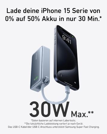 Powerbank Anker Nano 10000mAh з USB-C кабелем, 30W PD, 1xUSB-C, 1xUSB-A. Сумісний з iPhone, MacBook, Galaxy, iPad, AirPods та іншими пристроями (Блакитний)