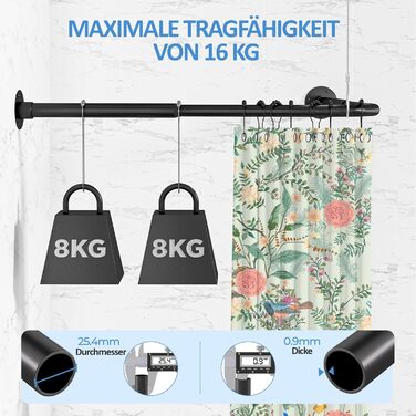 Штанга для душу L-подібної форми, регульована 60-134 см, з кріпленням для штори та опорою для стелі, чорна. Підходить для ванни/ванної кімнати. Потрібно свердління.