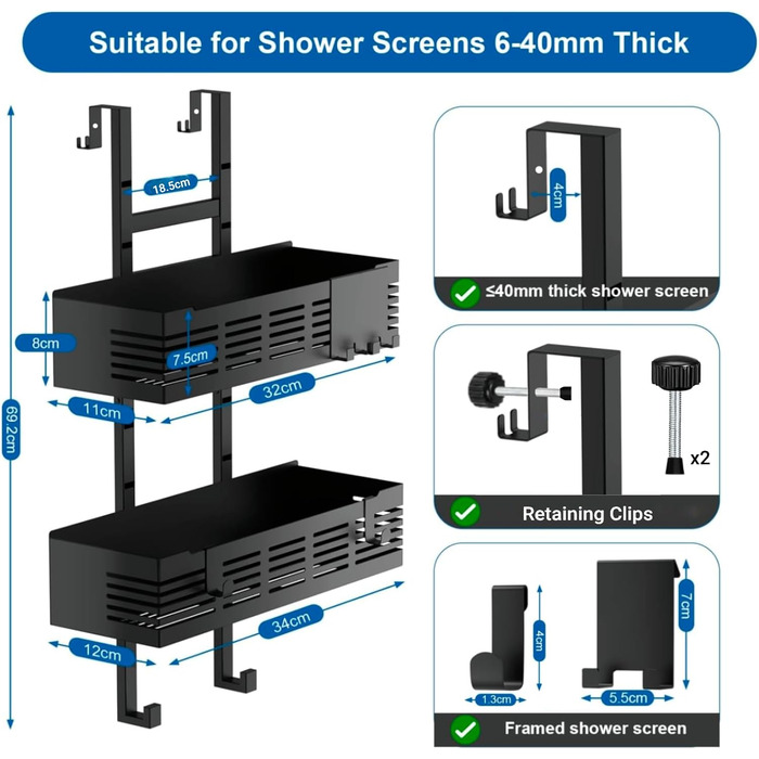 Поличка для душу AIGOCITY без свердління, чорна, для скляних душових кабін, з 3 гачками, регульована висота, для шампуню та гелю для душу