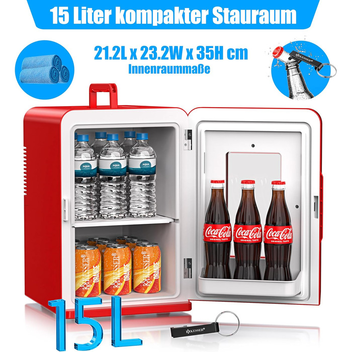 KESSER® Міні холодильник/термобокс 15L з охолодженням та підігрівом, AC/DC 220-240V/12V, для авто, офісу, кемпінгу, червоний