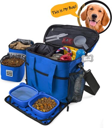 Чорна сумка для подорожей з собаками Overland Chiens Gear для великих собак, 2 контейнери для їжі, 2 складані миски (Королівський синій)