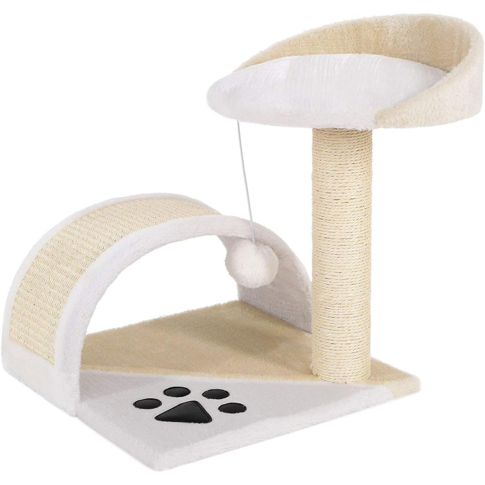 Kratzbaum, small with plush ball & scratching arch, height 43 cm, cozy lying area made of soft plush, stable with sisal rope for claw care, suitable for small & large cats, beige/white