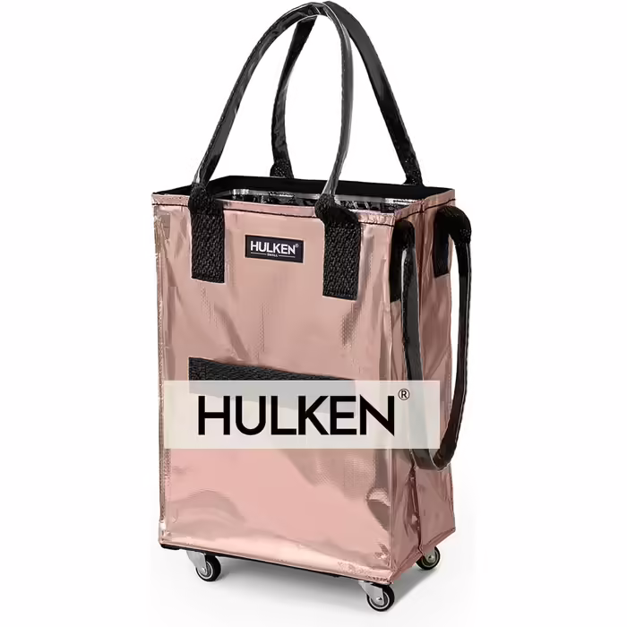 HULKEN - (Small, Rose Gold) Reusable shopping bag on wheels. The shopping cart can carry up to 30 kg, has sturdy handles, a zipper, and is flat, lightweight, and foldable.