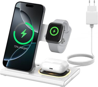 Бездротова зарядка Aimtel 3-в-1 з нічними ліхтариками, сумісна з iPhone 17/17 Pro/17 Pro Max/17 Air та Apple Watch. Підходить для AirPods Pro/4/3/2