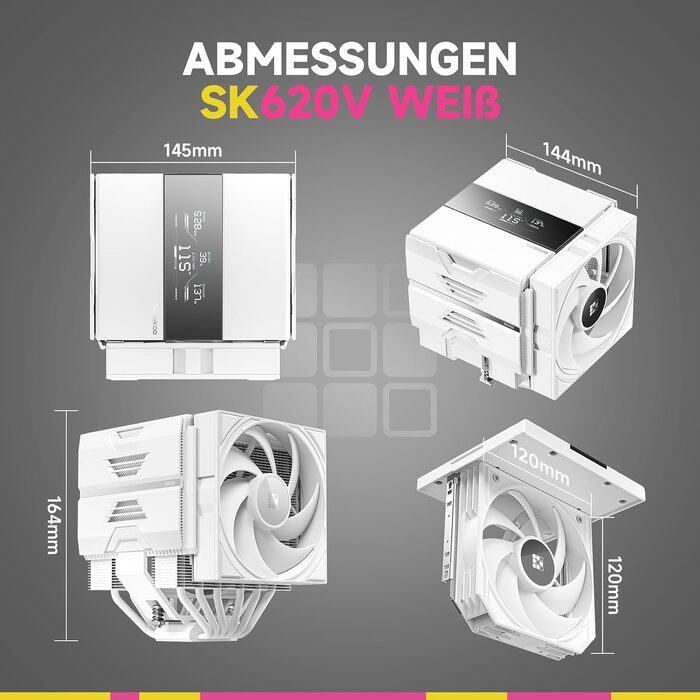 Кулер для процесора Sudokoo SK620V White AM5: двосекційний повітряний охолоджувач з цифровим дисплеєм, 6 теплотрубками та 2 вентиляторами PWM FDB 120мм, білий