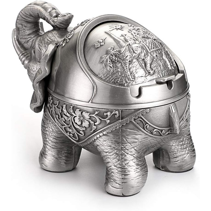 BSTKEY Vintage Ashtray with Lid – Elephant Shape, Table Ashtray, for Indoor and Outdoor Use, Retro, for Home, Office, Decoration Silver